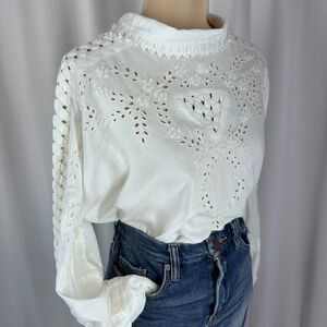 Jack Winter Vintage White Eyelet Beaded Blouse Victorian Mock Neck Top 14